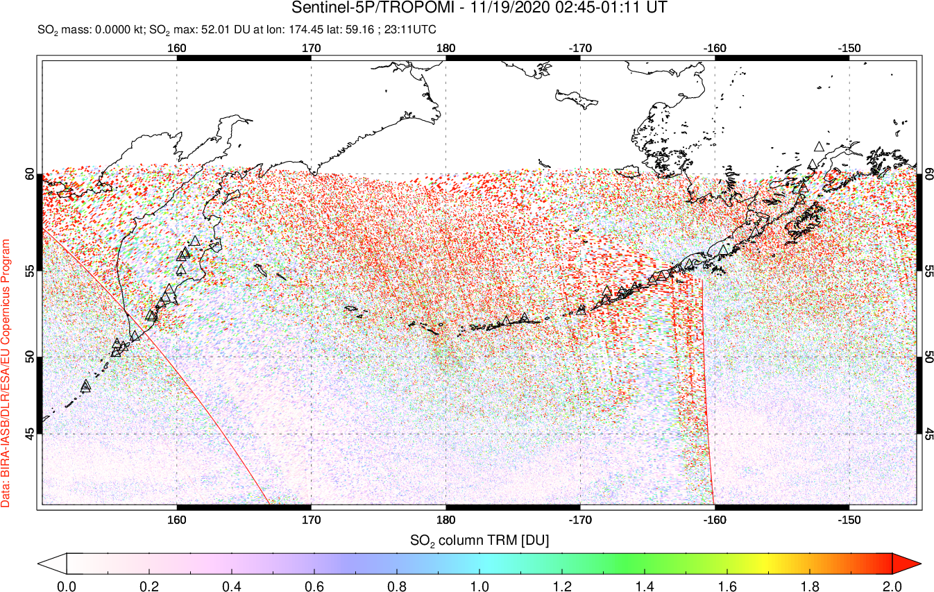 A sulfur dioxide image over North Pacific on Nov 19, 2020.