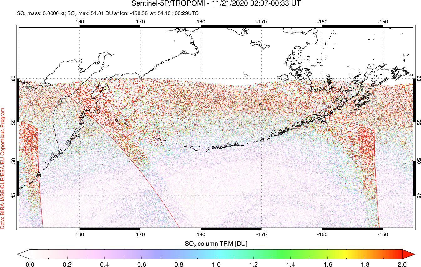 A sulfur dioxide image over North Pacific on Nov 21, 2020.