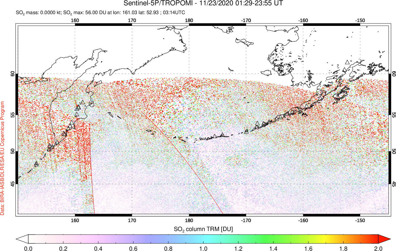 A sulfur dioxide image over North Pacific on Nov 23, 2020.