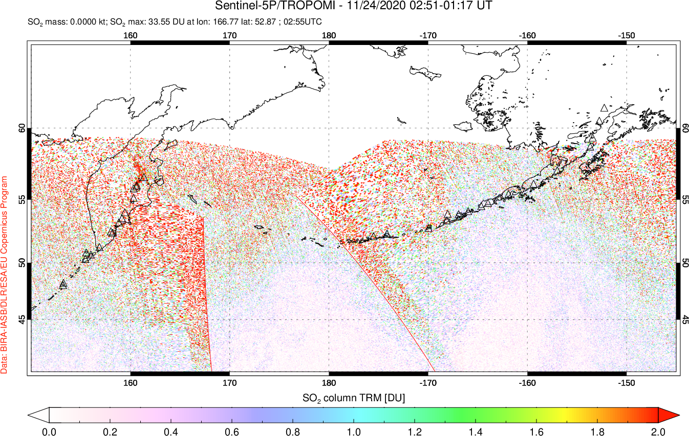 A sulfur dioxide image over North Pacific on Nov 24, 2020.