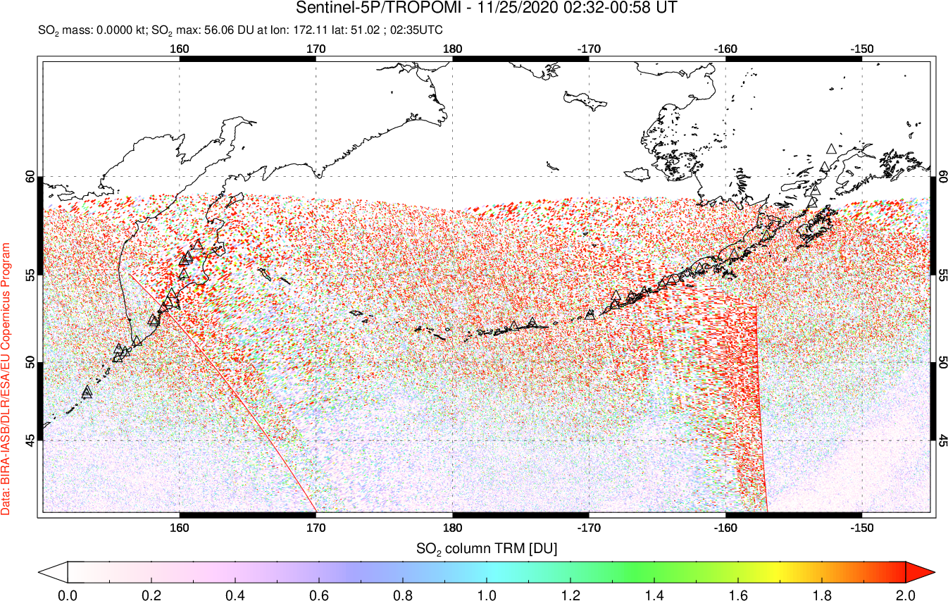 A sulfur dioxide image over North Pacific on Nov 25, 2020.