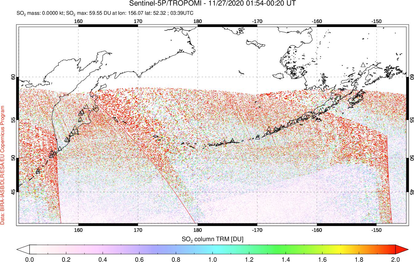 A sulfur dioxide image over North Pacific on Nov 27, 2020.