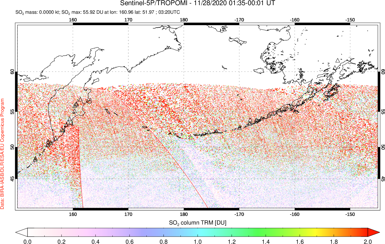 A sulfur dioxide image over North Pacific on Nov 28, 2020.