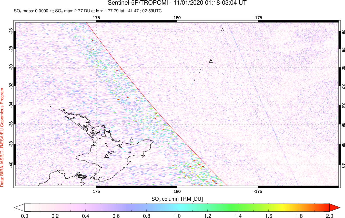 A sulfur dioxide image over New Zealand on Nov 01, 2020.