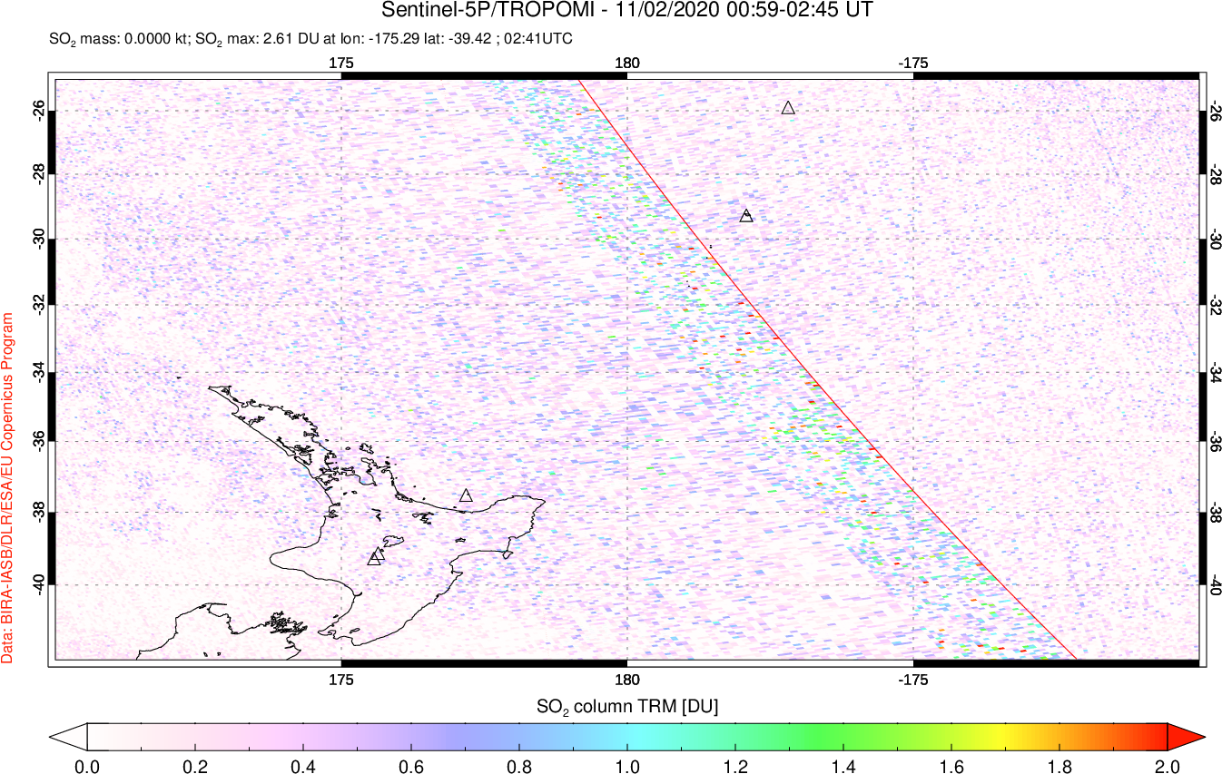 A sulfur dioxide image over New Zealand on Nov 02, 2020.