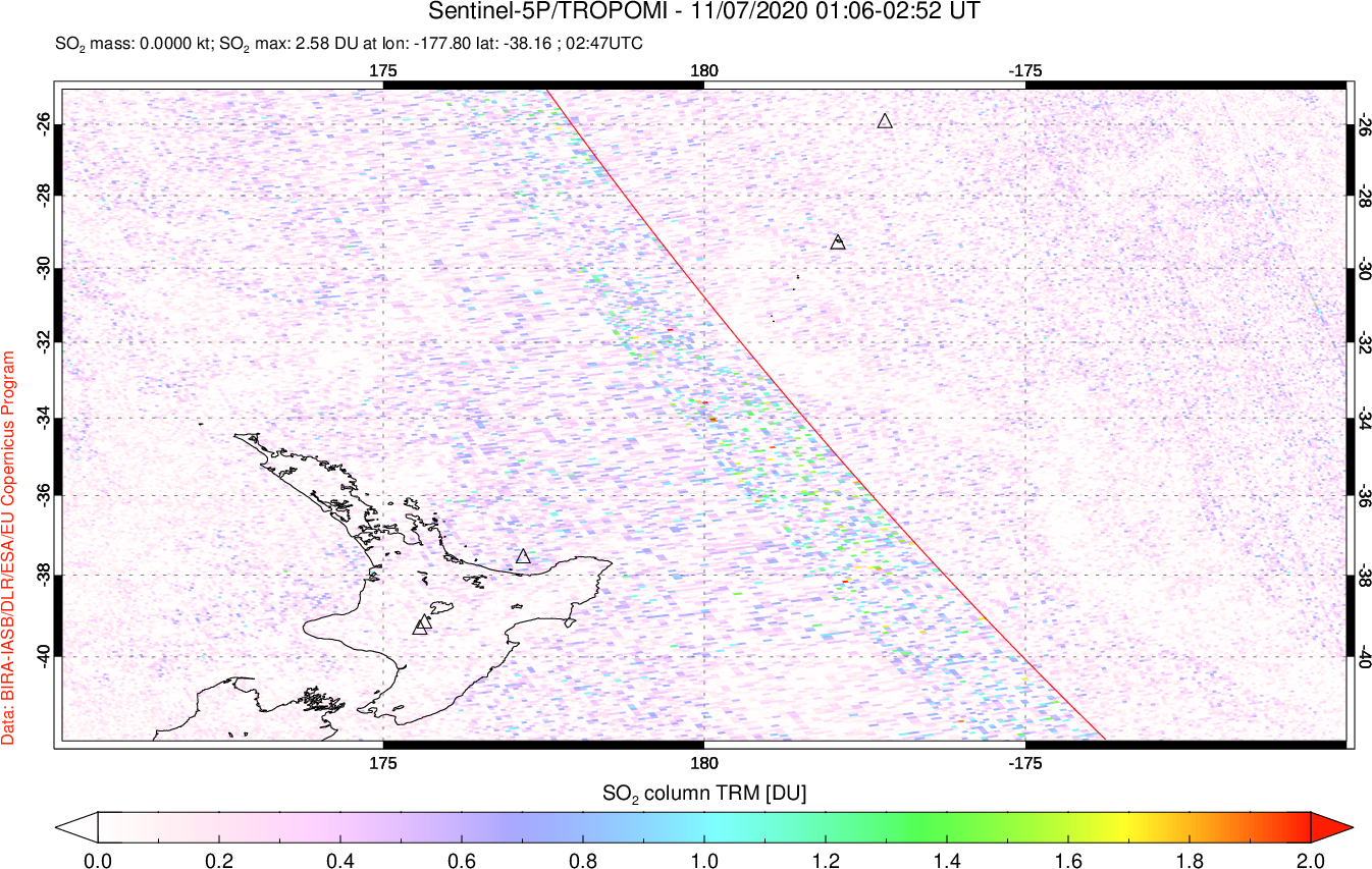 A sulfur dioxide image over New Zealand on Nov 07, 2020.
