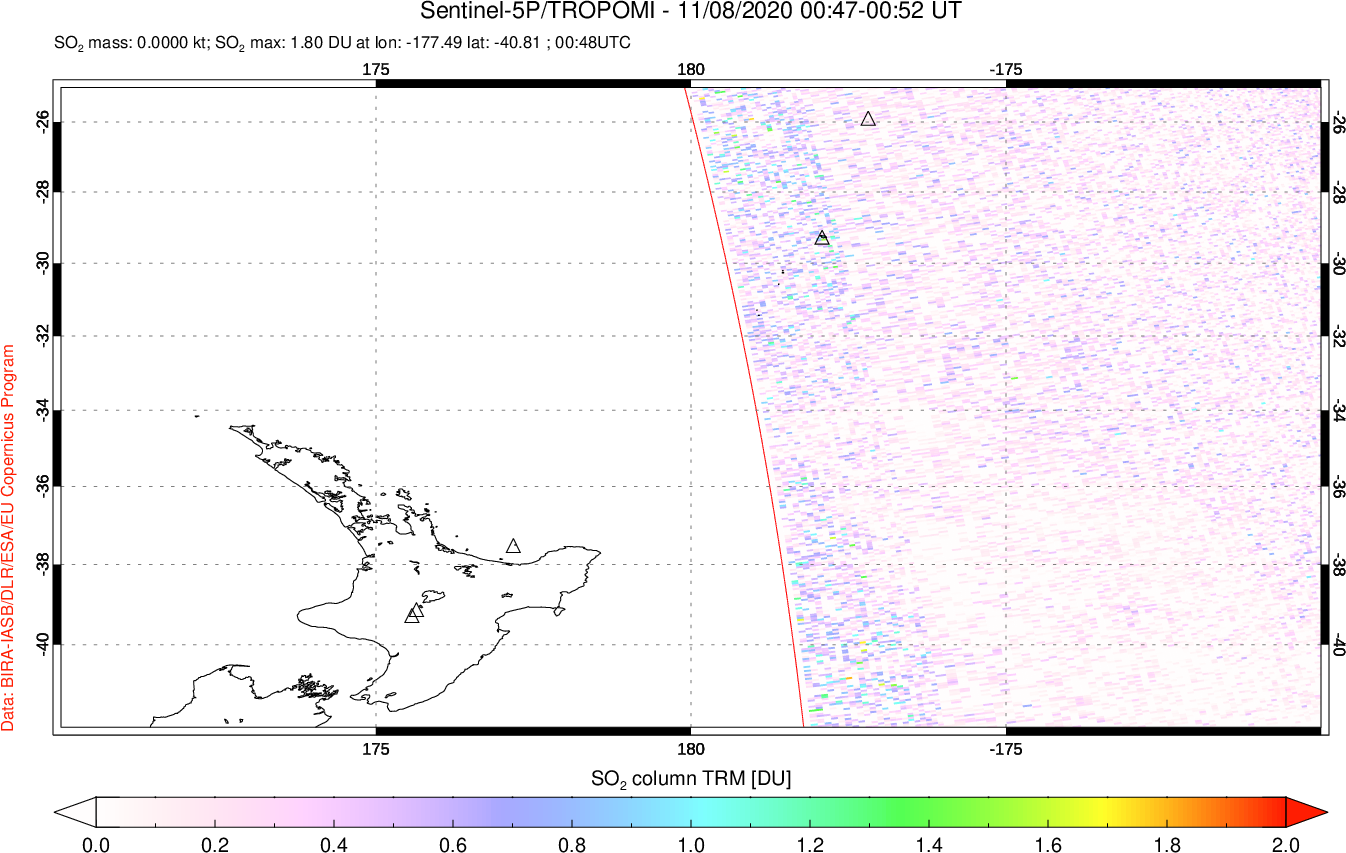 A sulfur dioxide image over New Zealand on Nov 08, 2020.