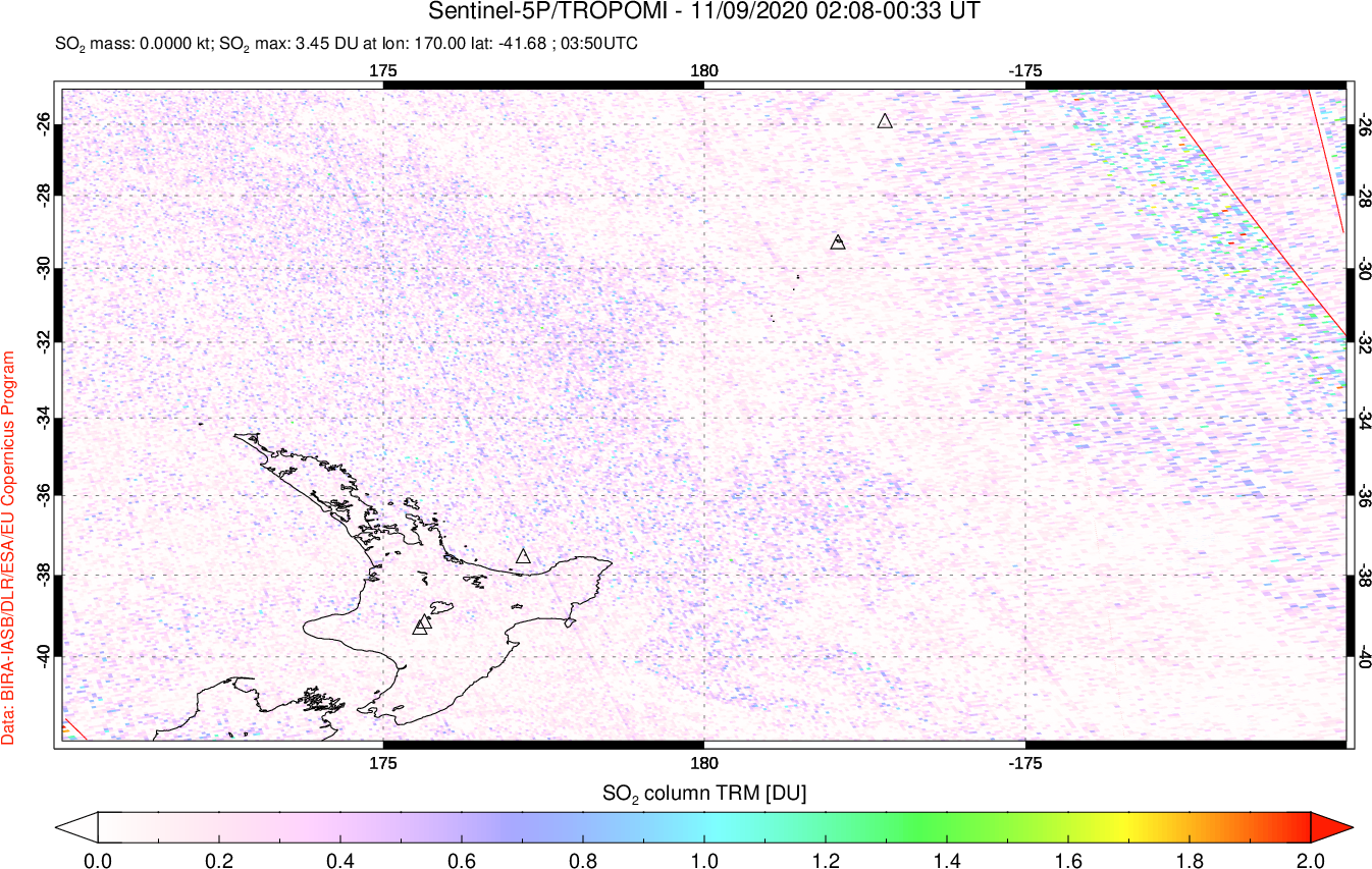 A sulfur dioxide image over New Zealand on Nov 09, 2020.