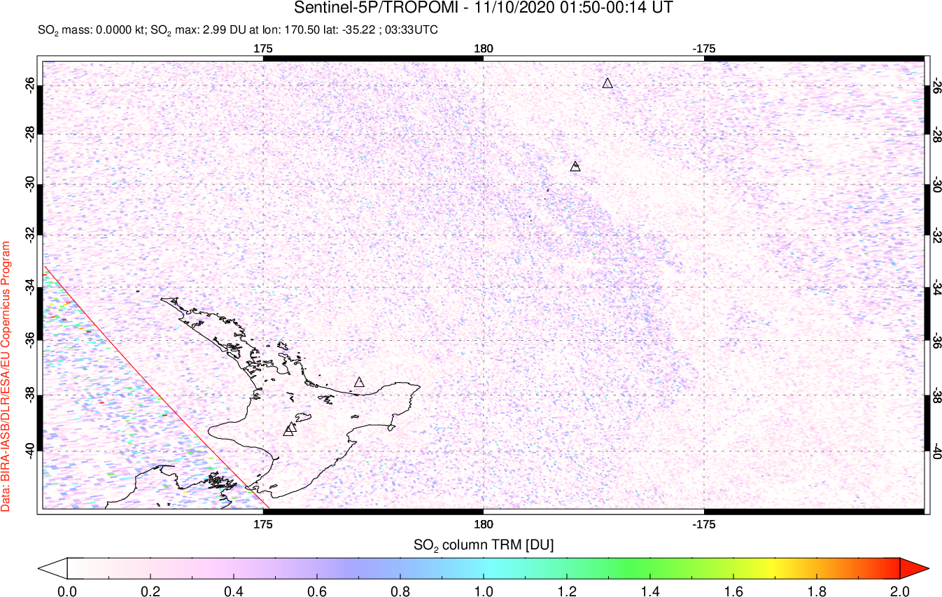 A sulfur dioxide image over New Zealand on Nov 10, 2020.