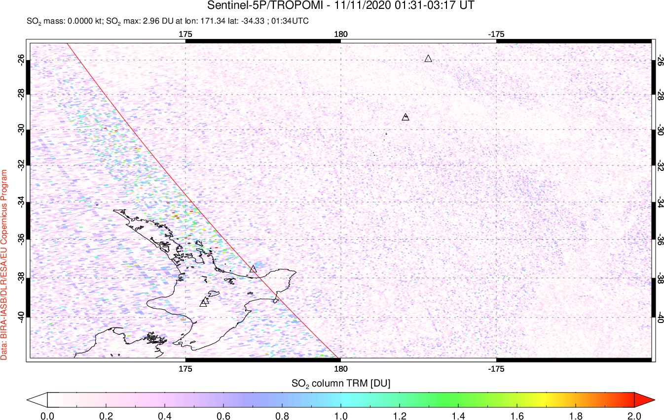 A sulfur dioxide image over New Zealand on Nov 11, 2020.