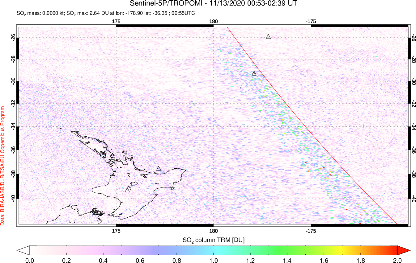 A sulfur dioxide image over New Zealand on Nov 13, 2020.