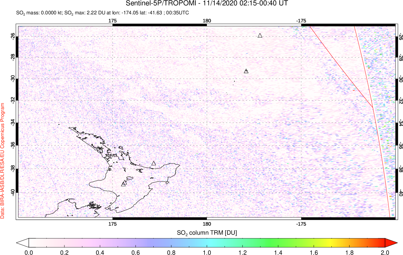 A sulfur dioxide image over New Zealand on Nov 14, 2020.