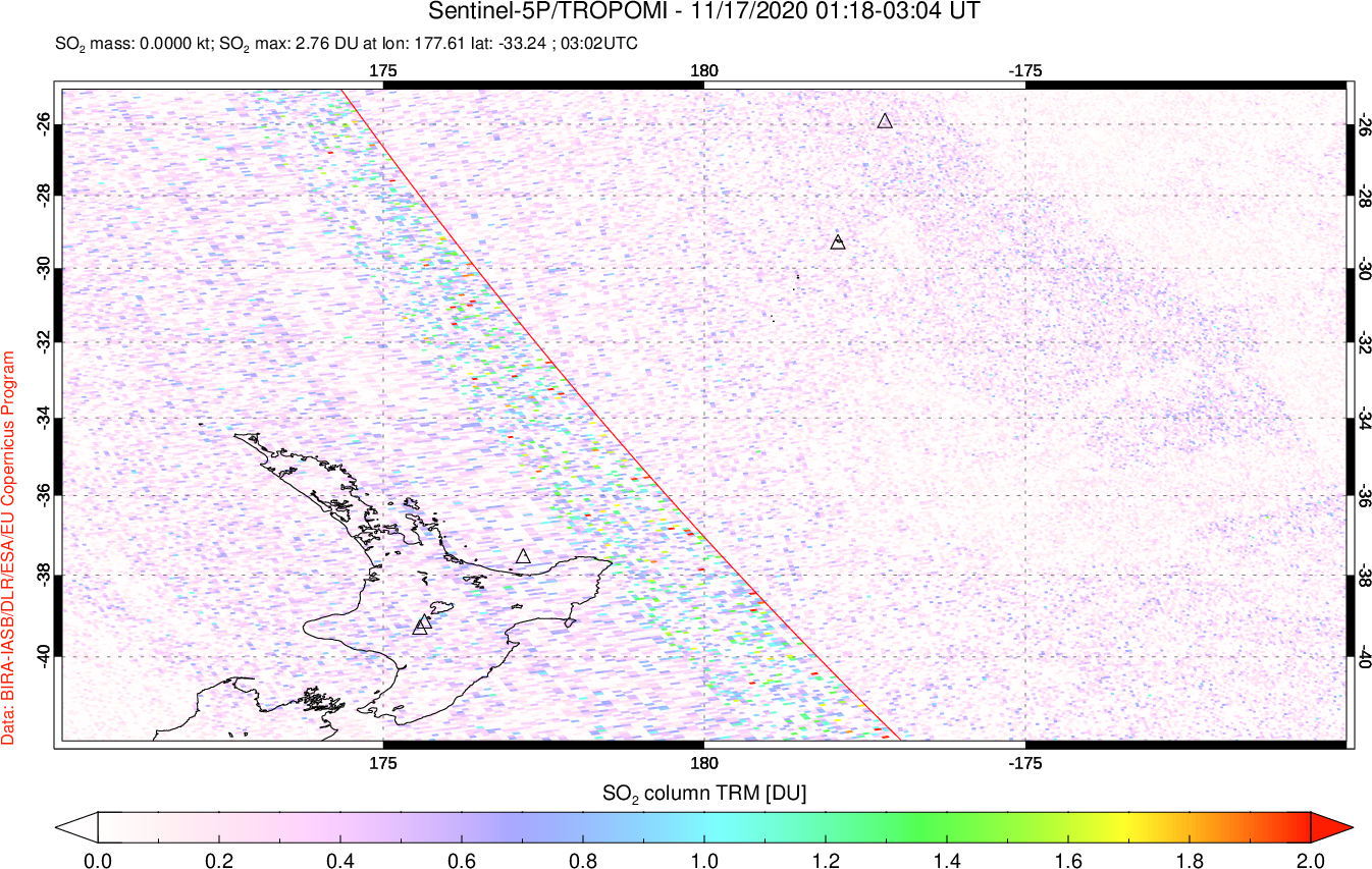 A sulfur dioxide image over New Zealand on Nov 17, 2020.
