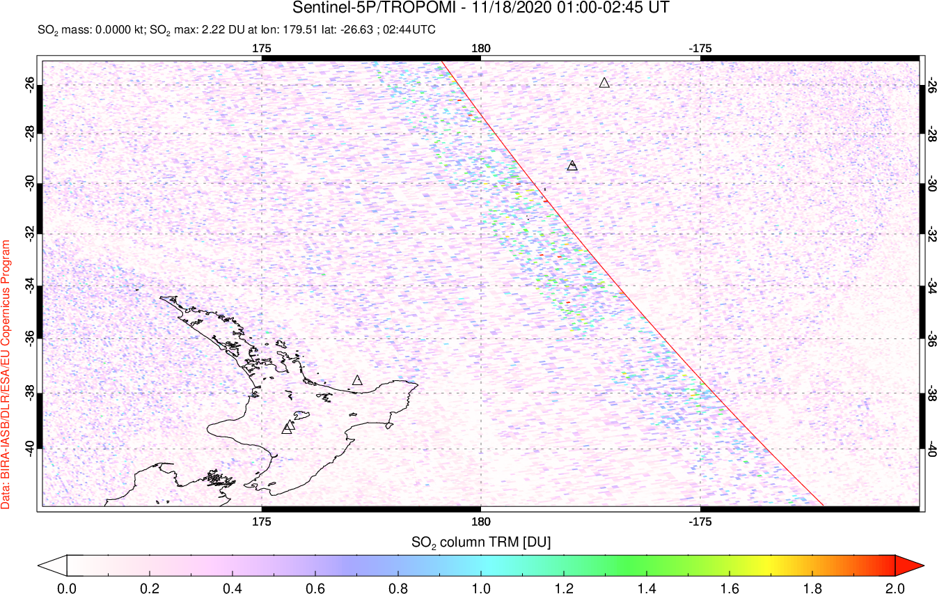 A sulfur dioxide image over New Zealand on Nov 18, 2020.