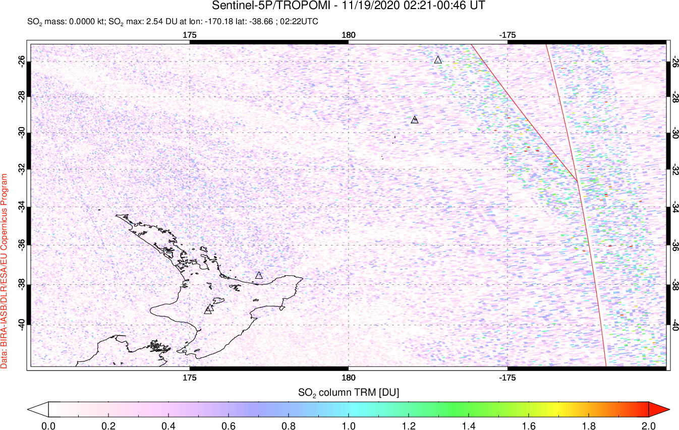 A sulfur dioxide image over New Zealand on Nov 19, 2020.