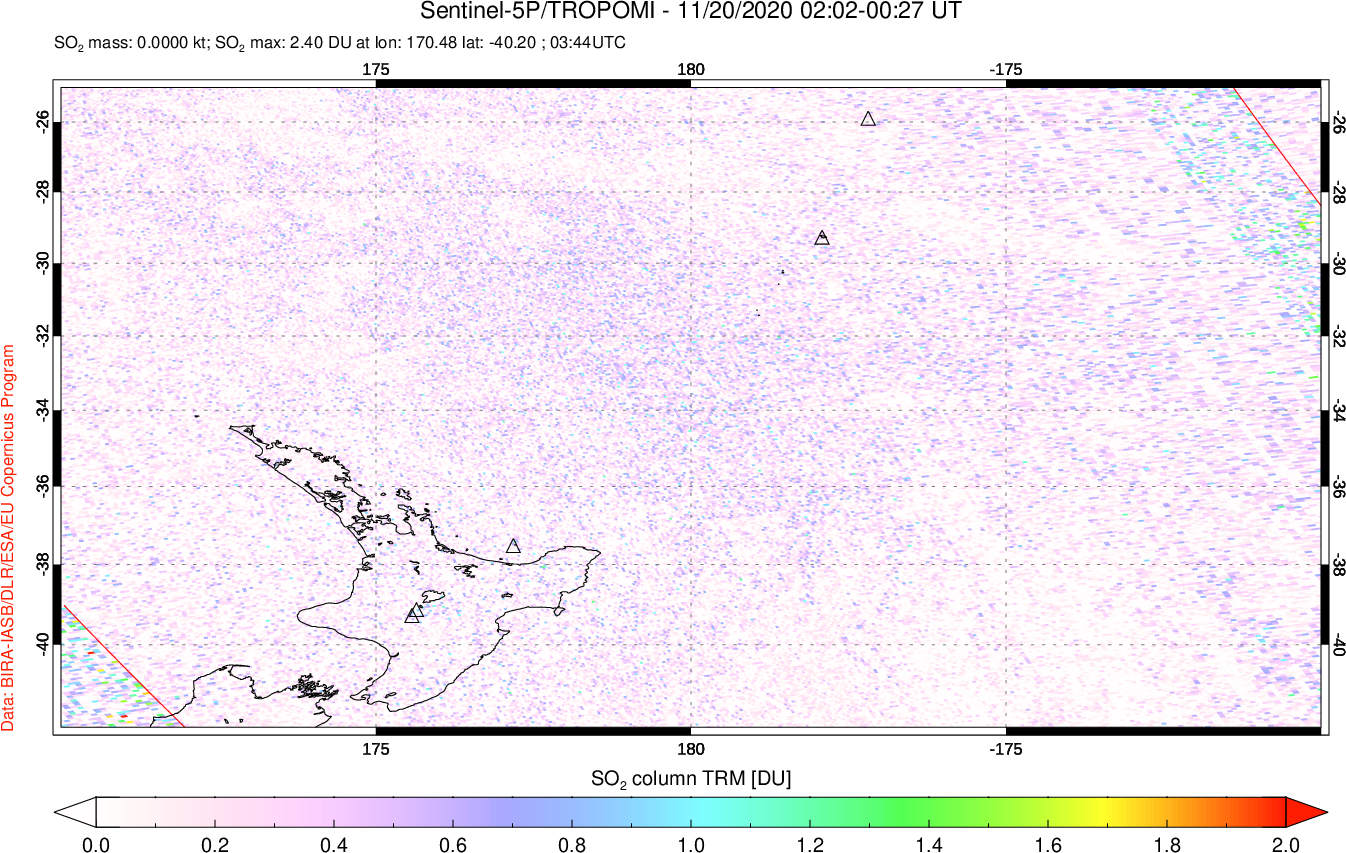 A sulfur dioxide image over New Zealand on Nov 20, 2020.