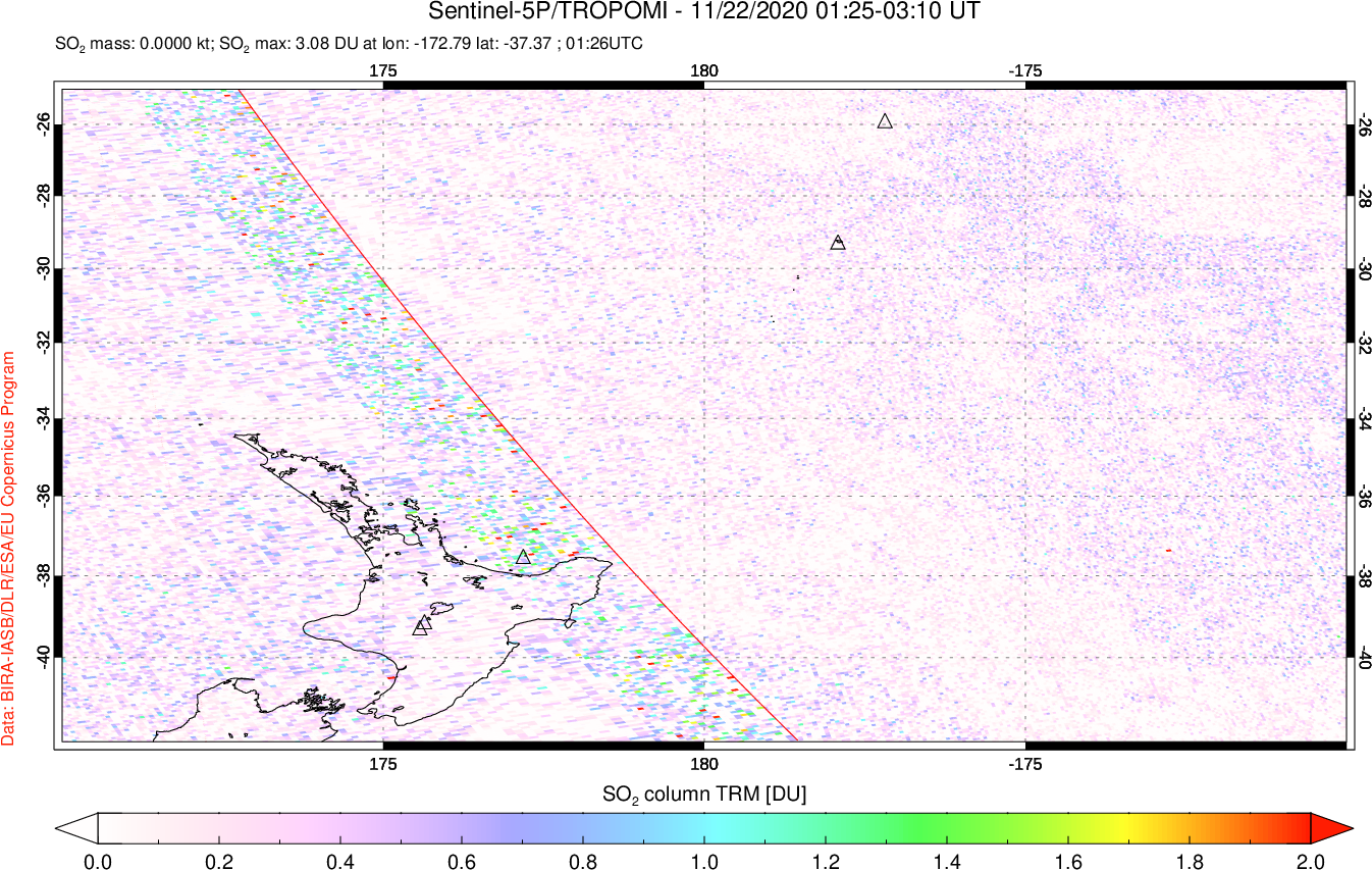 A sulfur dioxide image over New Zealand on Nov 22, 2020.