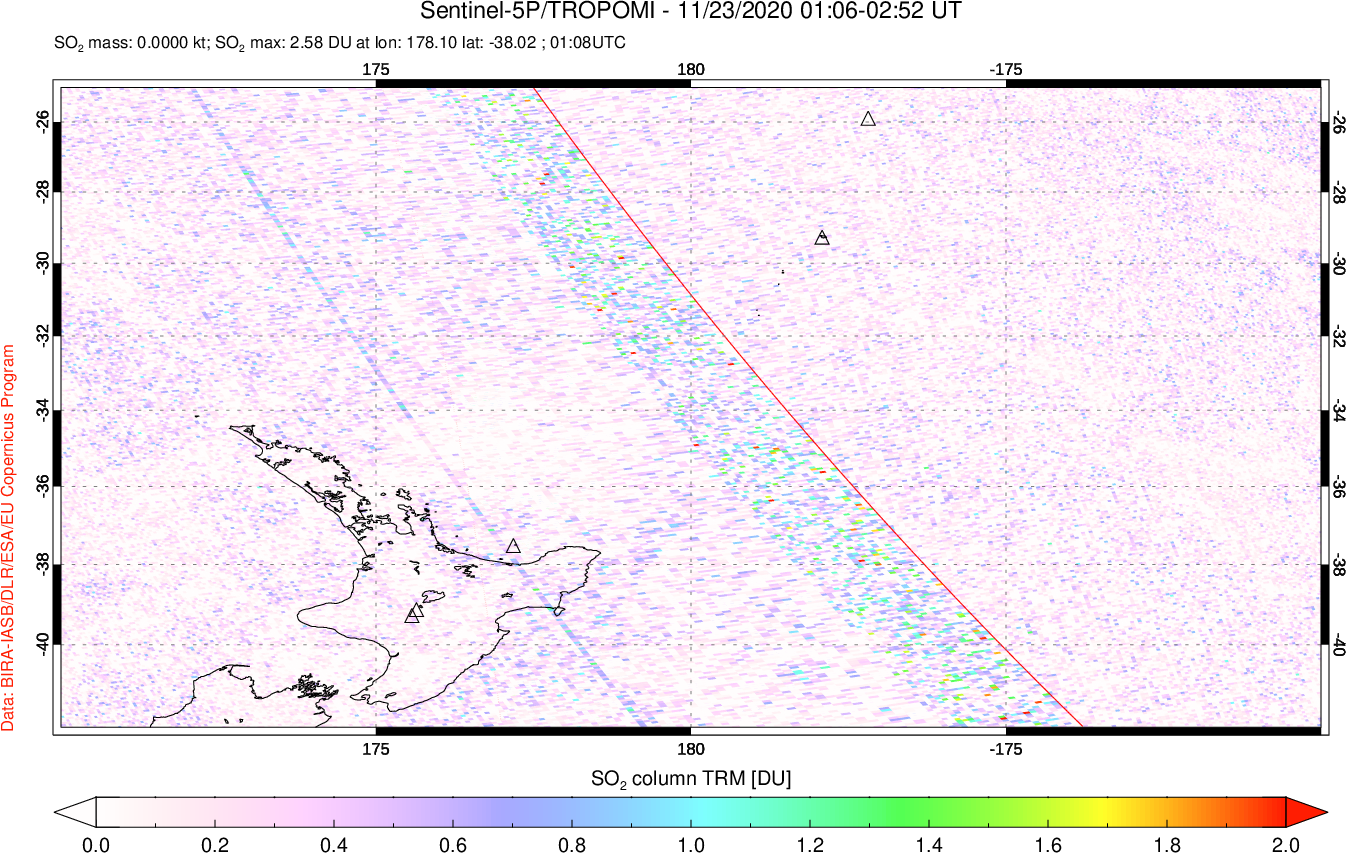 A sulfur dioxide image over New Zealand on Nov 23, 2020.