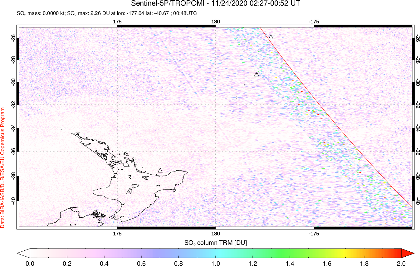 A sulfur dioxide image over New Zealand on Nov 24, 2020.