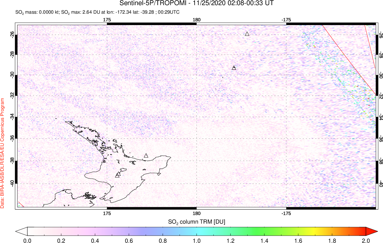 A sulfur dioxide image over New Zealand on Nov 25, 2020.