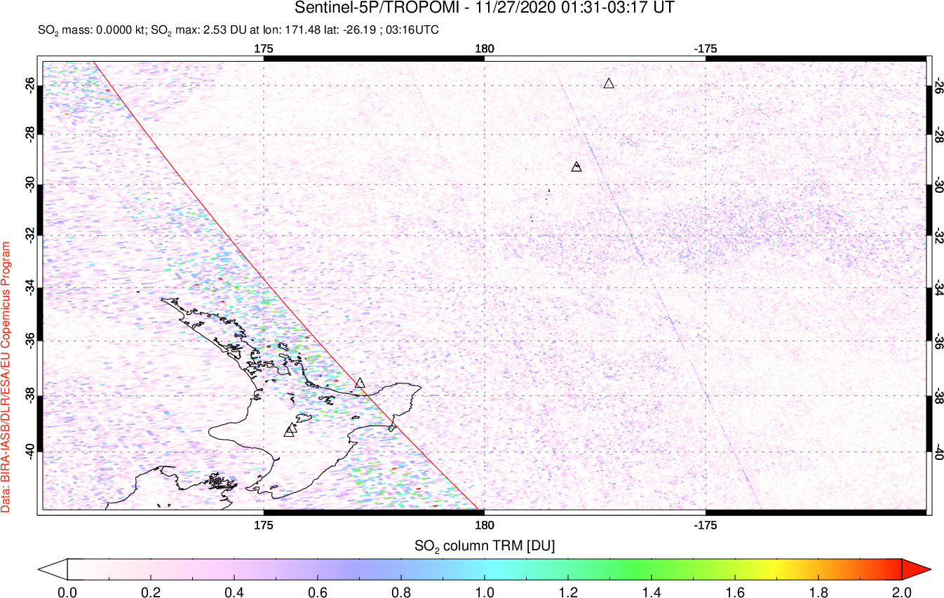 A sulfur dioxide image over New Zealand on Nov 27, 2020.
