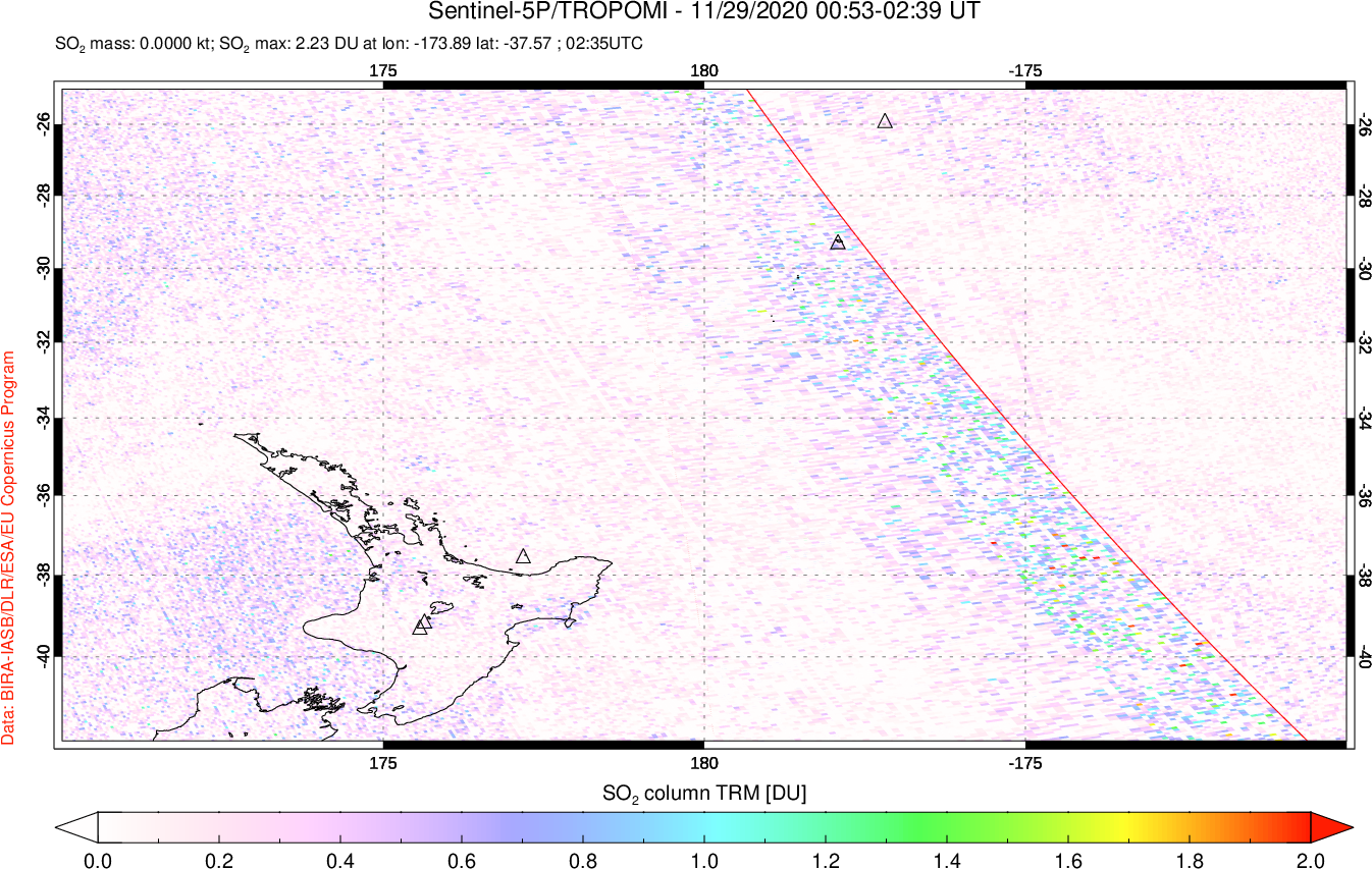 A sulfur dioxide image over New Zealand on Nov 29, 2020.