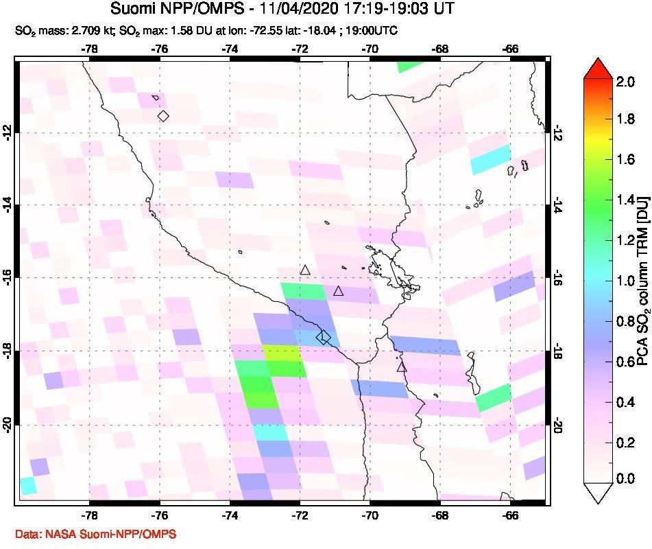 A sulfur dioxide image over Peru on Nov 04, 2020.
