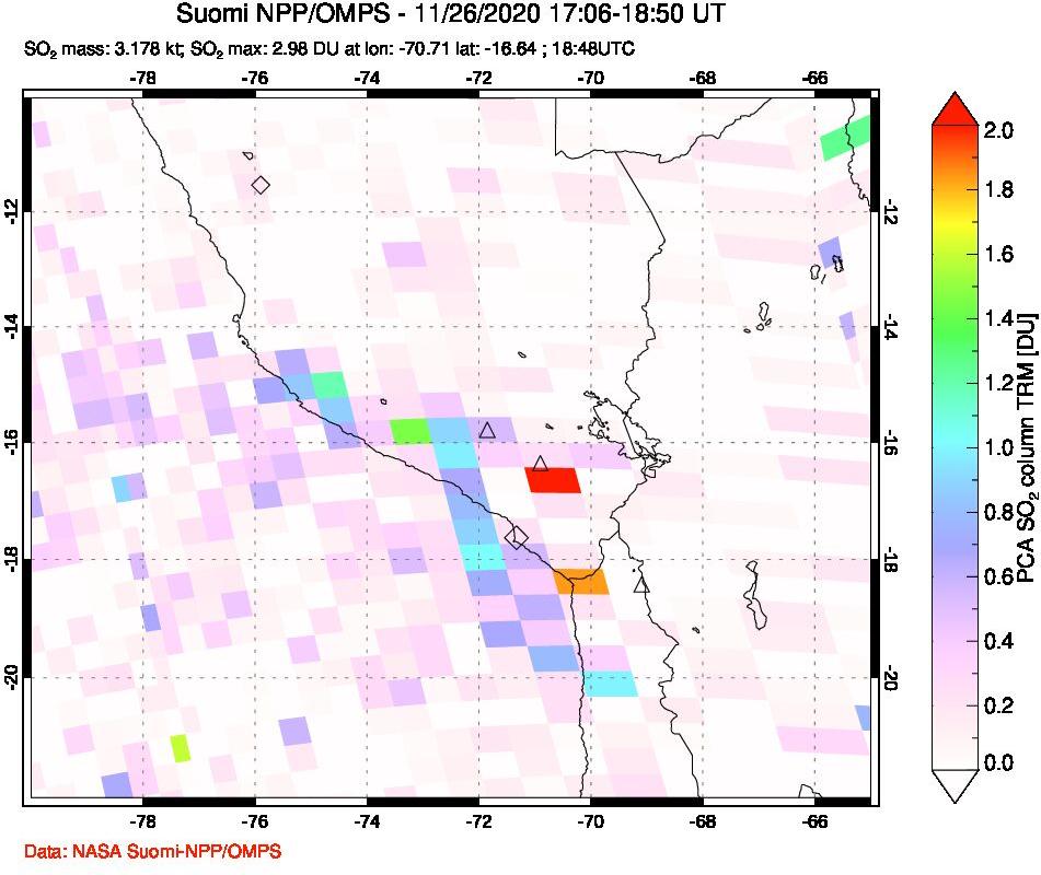 A sulfur dioxide image over Peru on Nov 26, 2020.