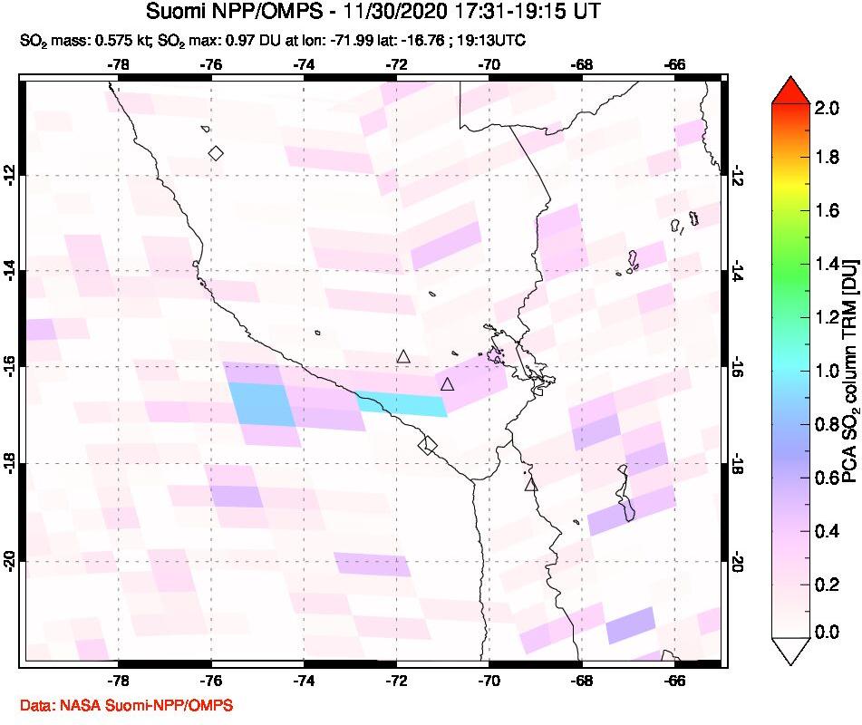 A sulfur dioxide image over Peru on Nov 30, 2020.