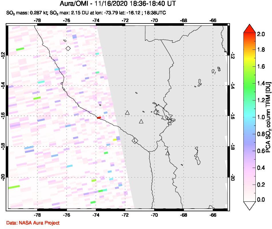 A sulfur dioxide image over Peru on Nov 16, 2020.