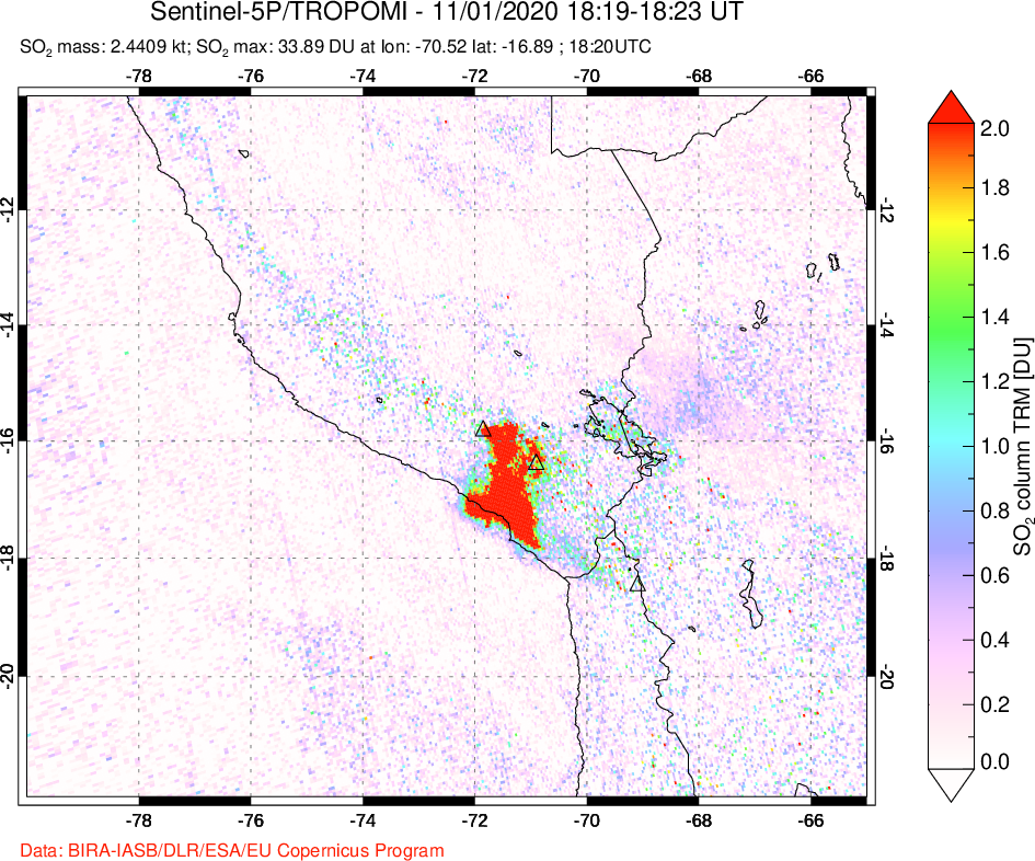 A sulfur dioxide image over Peru on Nov 01, 2020.