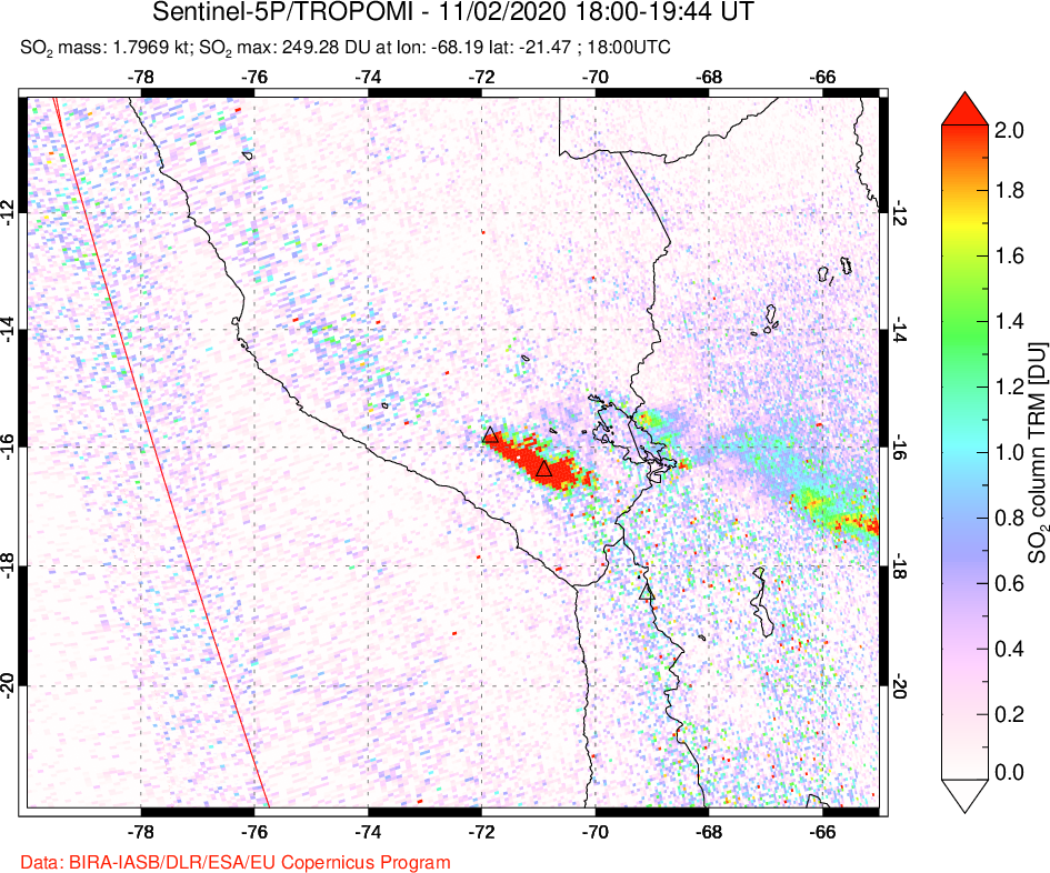 A sulfur dioxide image over Peru on Nov 02, 2020.