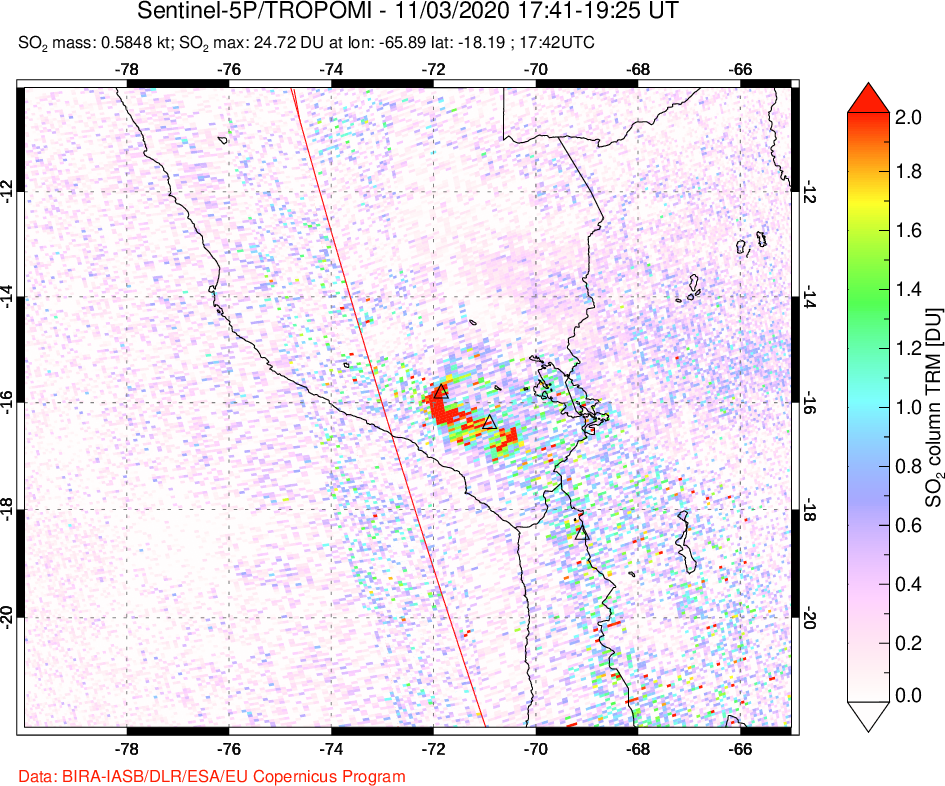 A sulfur dioxide image over Peru on Nov 03, 2020.
