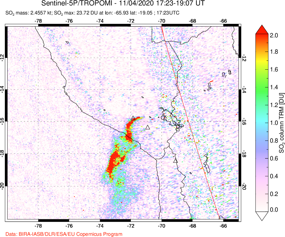 A sulfur dioxide image over Peru on Nov 04, 2020.