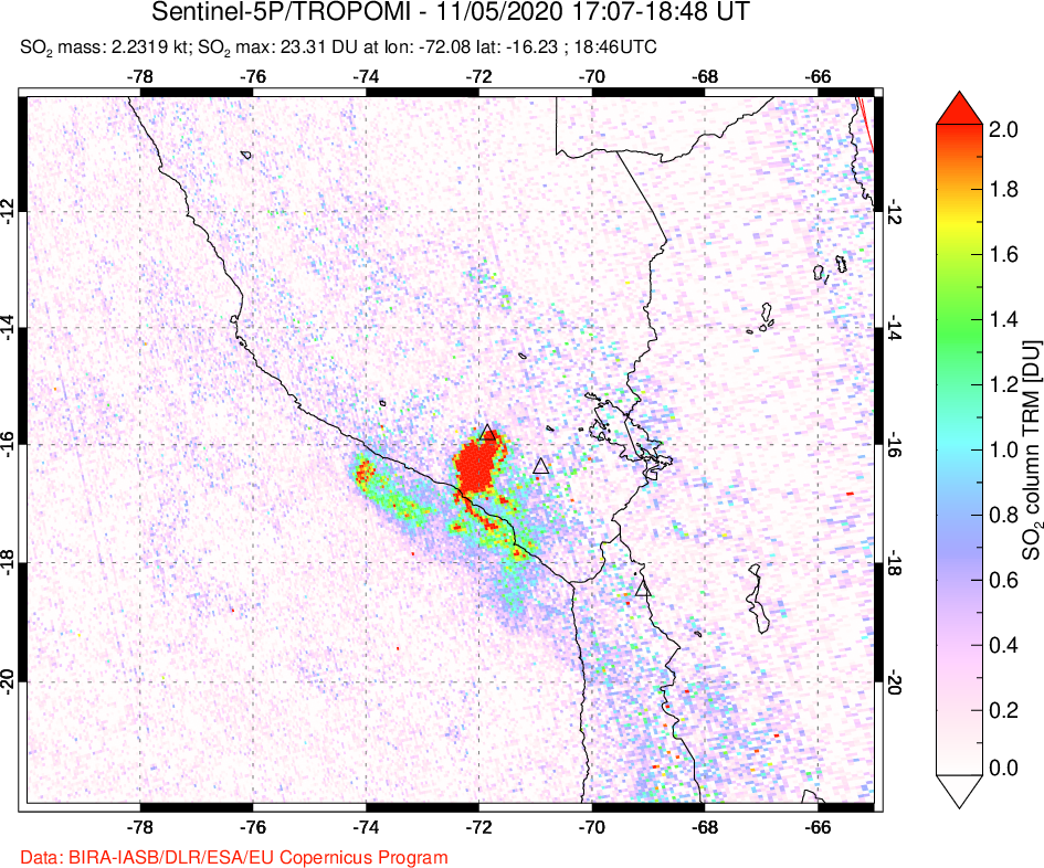 A sulfur dioxide image over Peru on Nov 05, 2020.