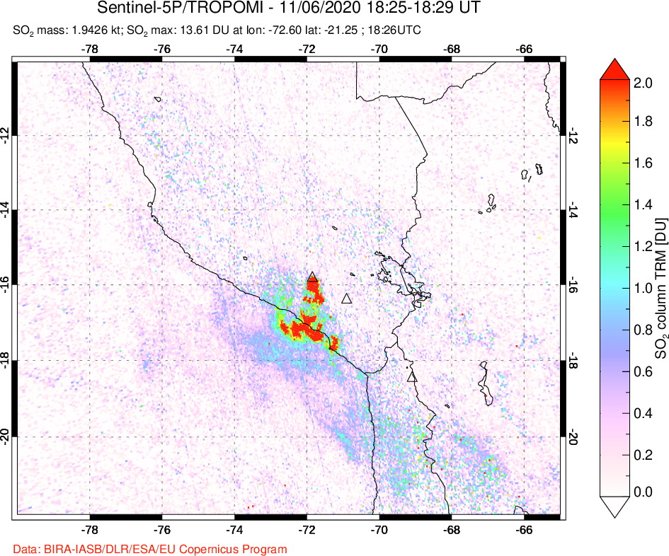 A sulfur dioxide image over Peru on Nov 06, 2020.