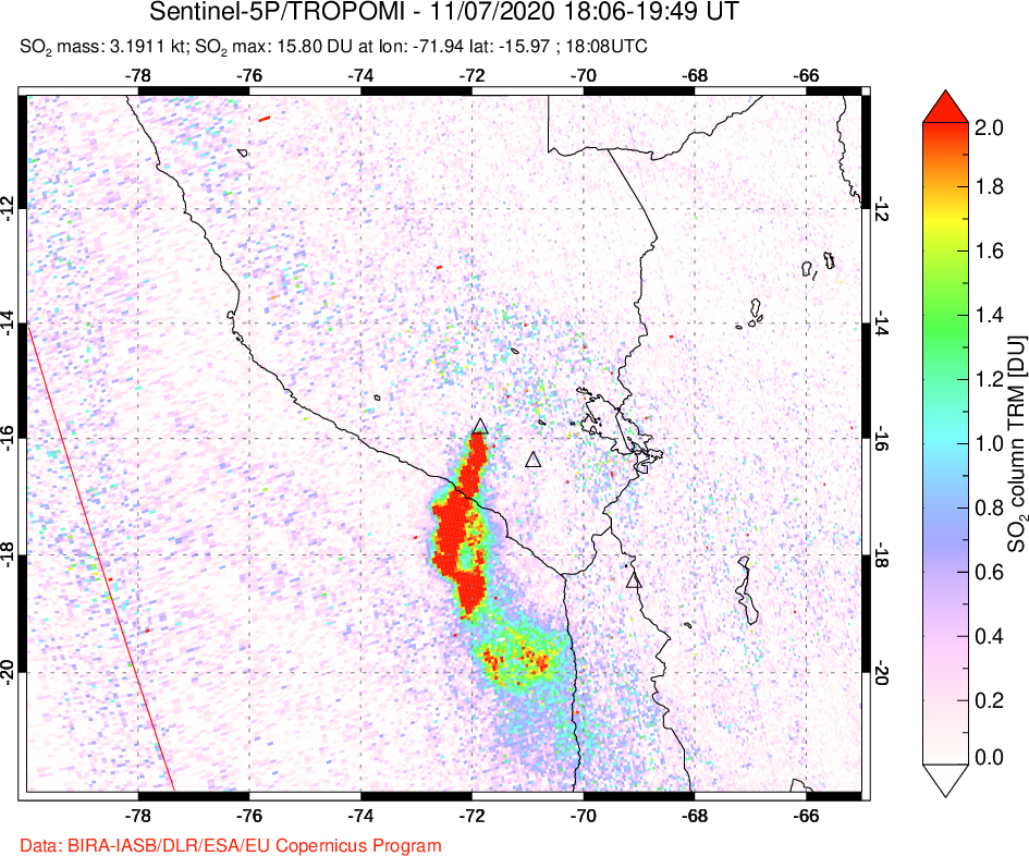 A sulfur dioxide image over Peru on Nov 07, 2020.