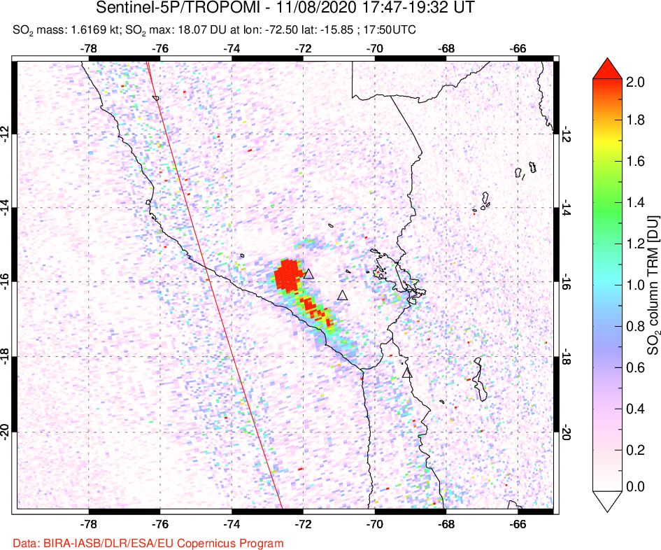 A sulfur dioxide image over Peru on Nov 08, 2020.
