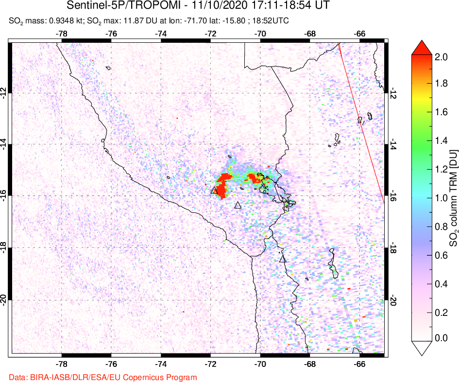 A sulfur dioxide image over Peru on Nov 10, 2020.
