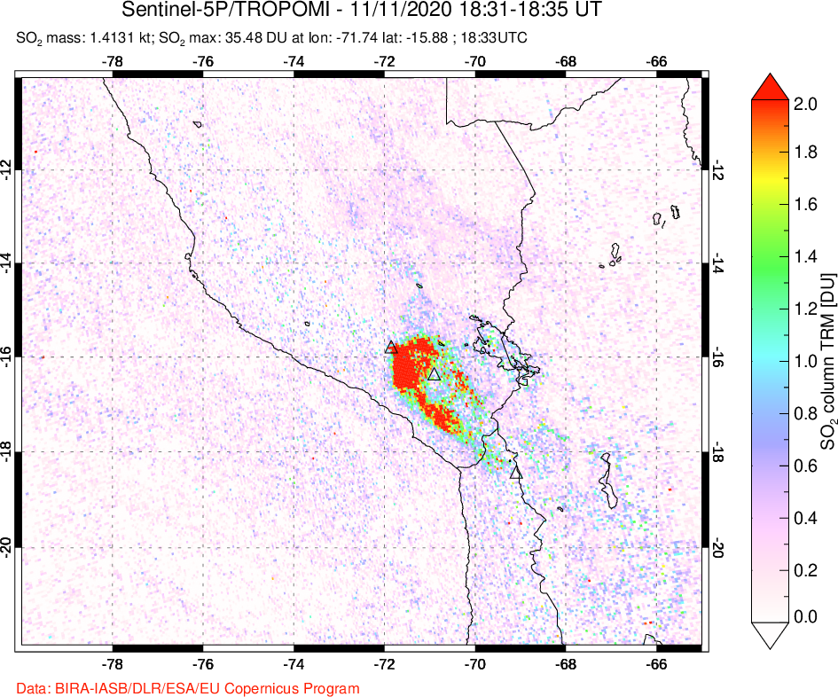 A sulfur dioxide image over Peru on Nov 11, 2020.