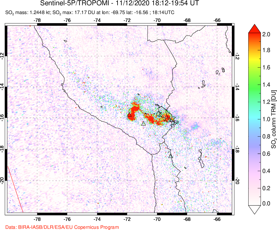A sulfur dioxide image over Peru on Nov 12, 2020.