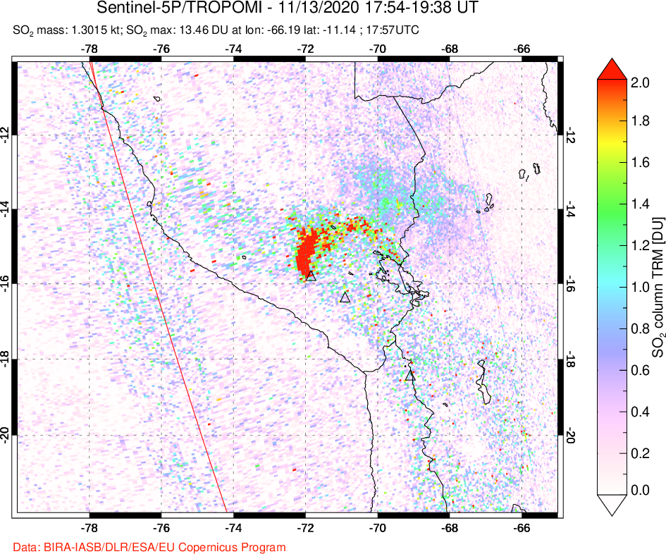 A sulfur dioxide image over Peru on Nov 13, 2020.