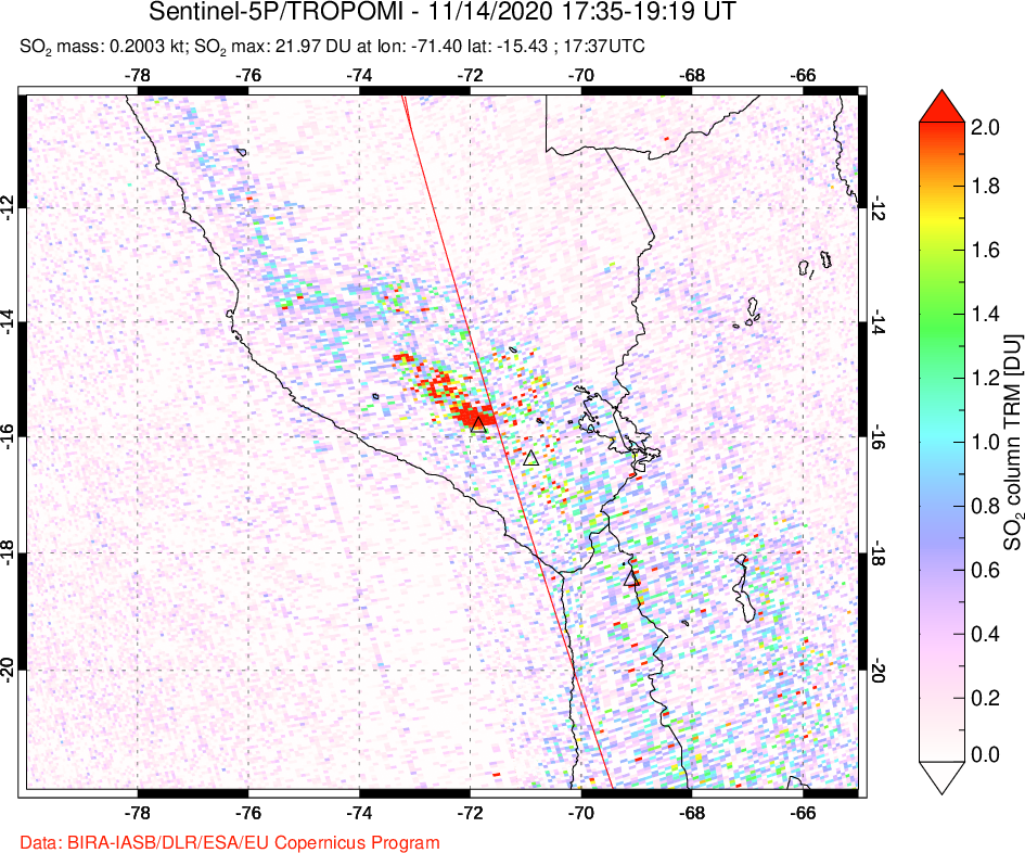 A sulfur dioxide image over Peru on Nov 14, 2020.