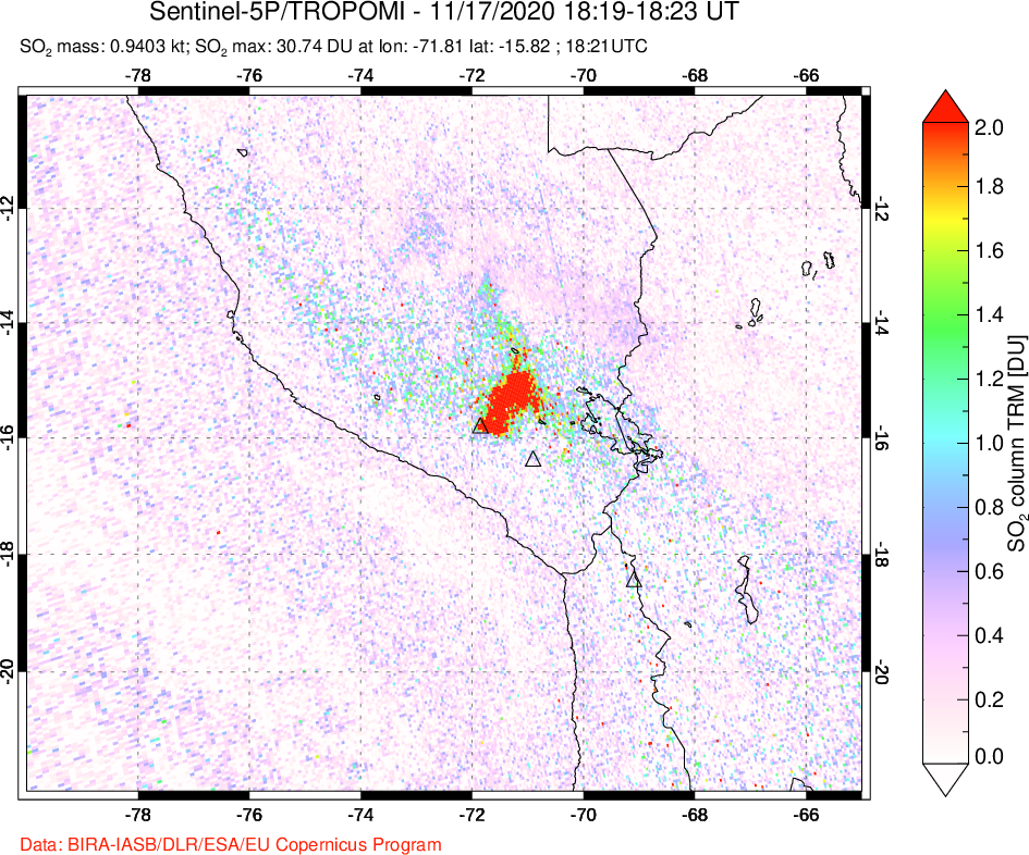 A sulfur dioxide image over Peru on Nov 17, 2020.
