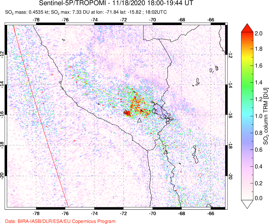A sulfur dioxide image over Peru on Nov 18, 2020.
