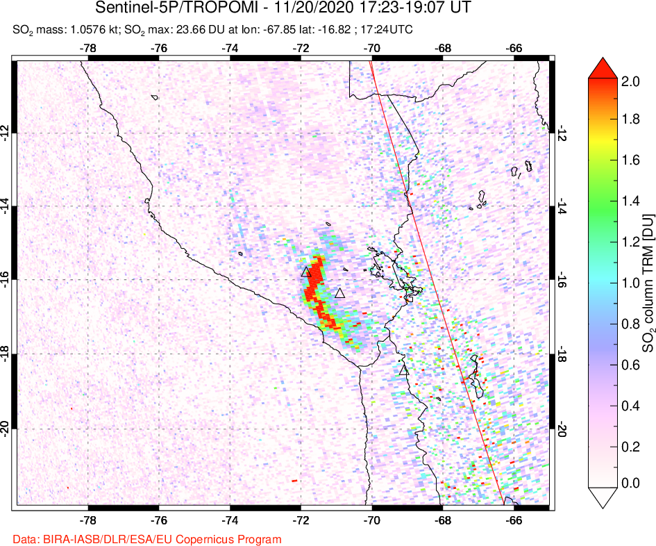 A sulfur dioxide image over Peru on Nov 20, 2020.