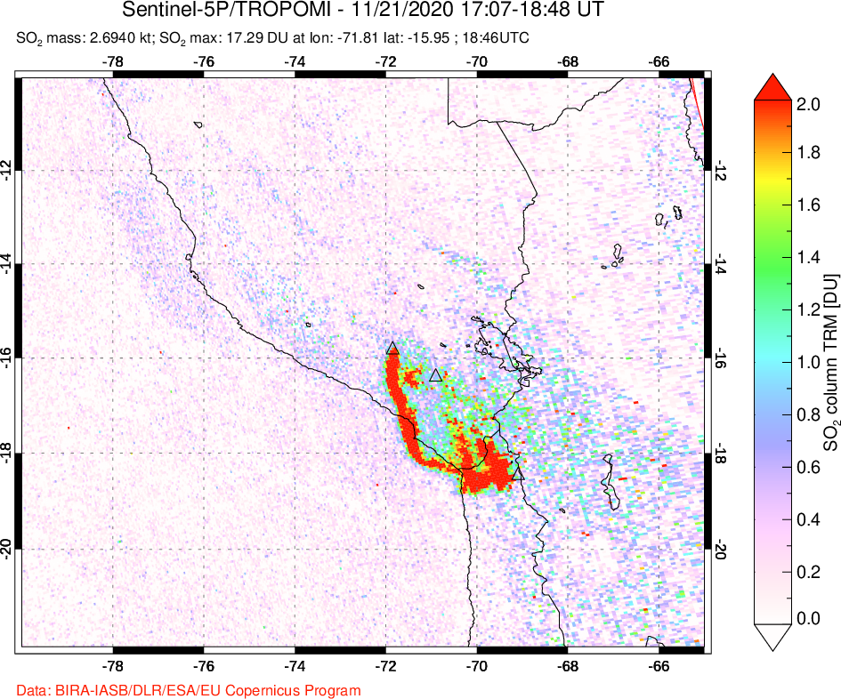 A sulfur dioxide image over Peru on Nov 21, 2020.