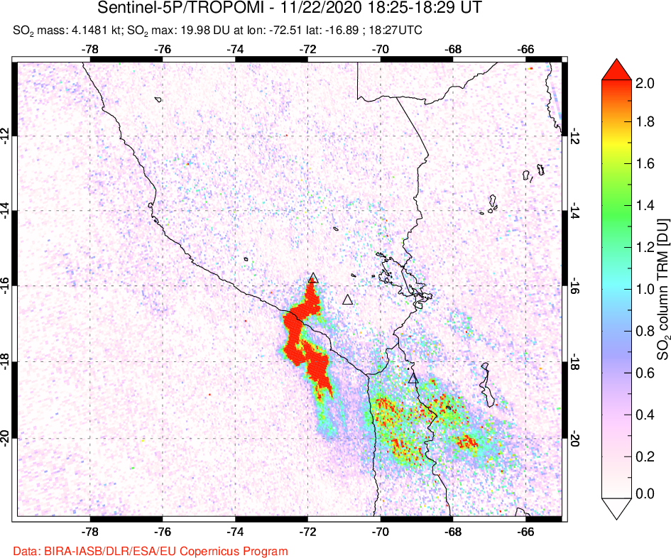 A sulfur dioxide image over Peru on Nov 22, 2020.