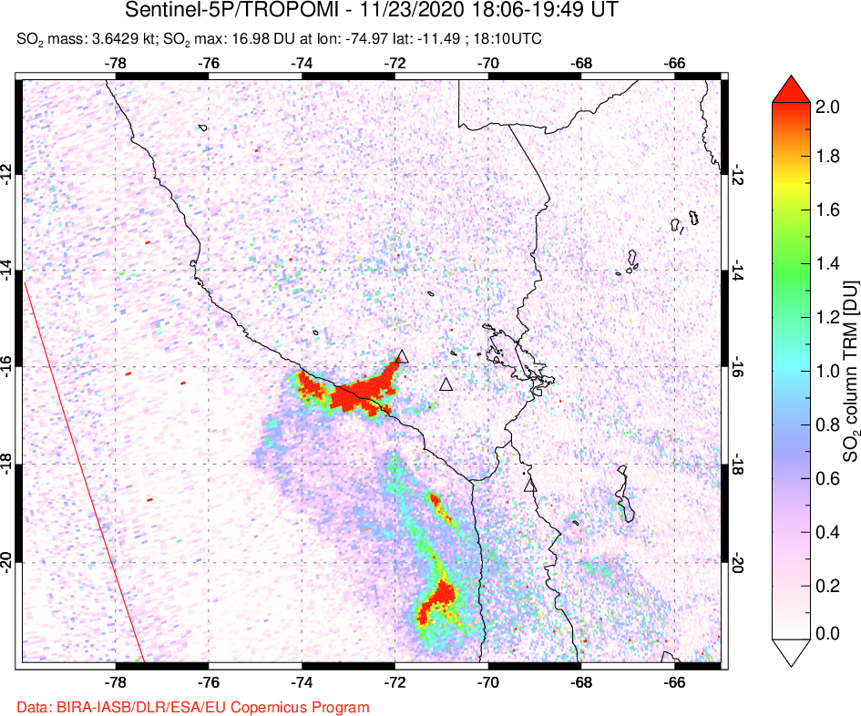 A sulfur dioxide image over Peru on Nov 23, 2020.