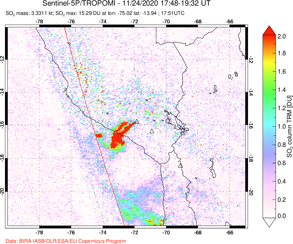 A sulfur dioxide image over Peru on Nov 24, 2020.
